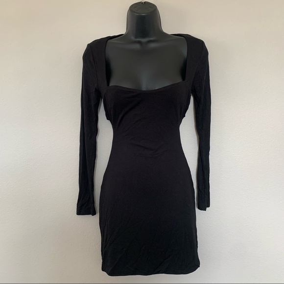Princess Polly Black Long Sleeve Square Neck Tie Cut Out Back Mini Dress - Picture 3 of 11